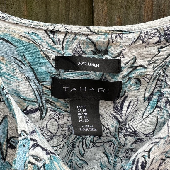 Tahari 100% Linen Plus Size Boho Floral Bird Print Button Front Tunic Blouse - Picture 2 of 8